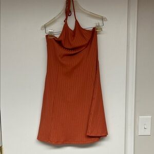 Rust Halter Ribbed Slip Dress